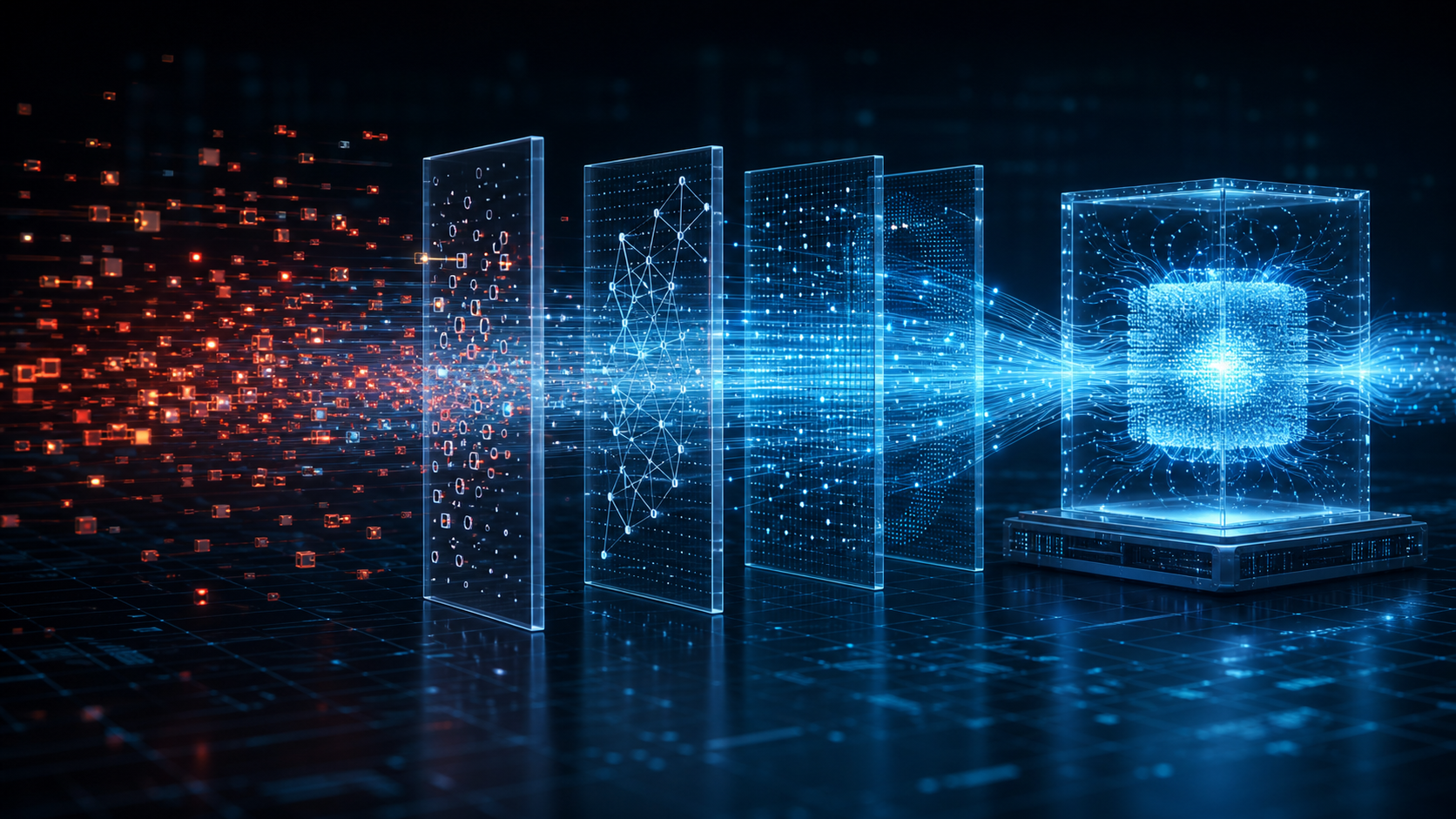 Fragmented data flows passing through validation layers before feeding an artificial intelligence system