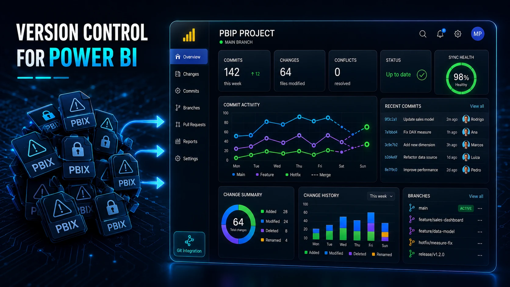 Version control for Power BI illustrated by chaotic PBIX files transitioning into a structured PBIP project with Git commits, branches and change history